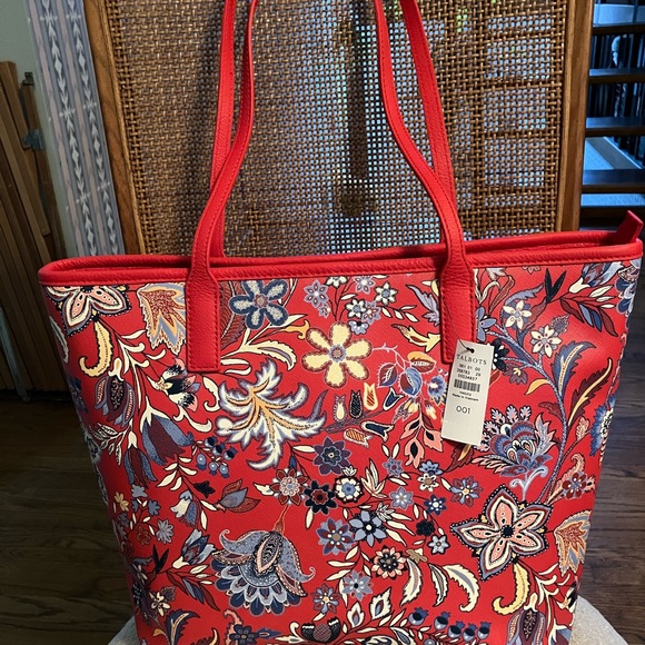 Talbots Large Red Pepper Multi Floral Zip Top Tote Bag in Red Blue Yellow White - Picture 4 of 13